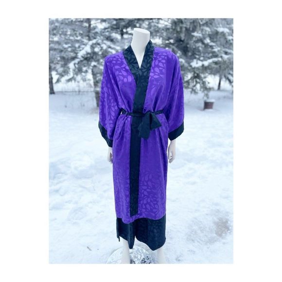 80s Diamond Tea Satin Loungewear Set Kimono Sleeve Duster Robe Trousers Purple B - Picture 9 of 16